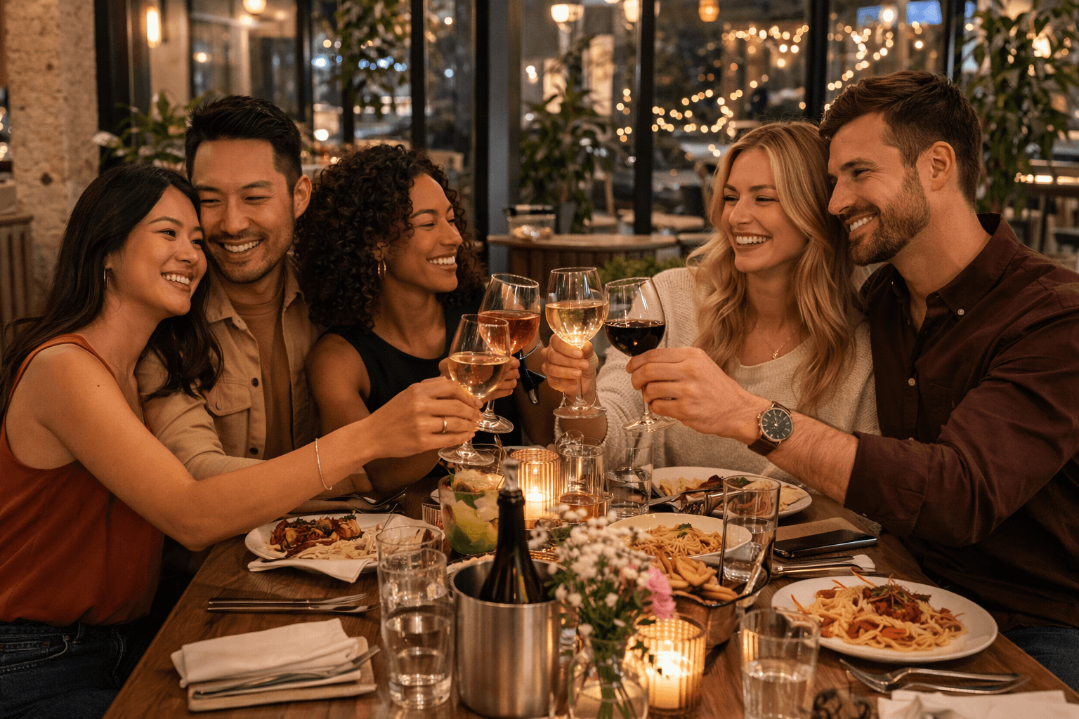 Group of friends toasting with wine glasses over dinner at a warmly lit restaurant.