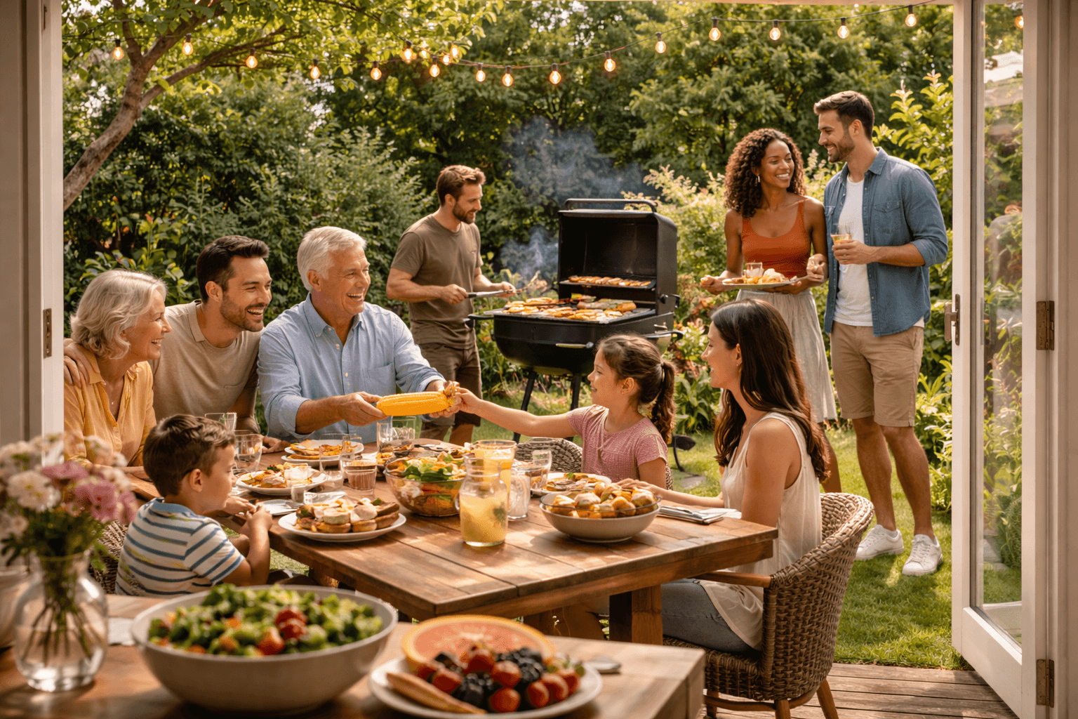 Multi-generational family and friends sharing a meal at a long outdoor table at sunset.