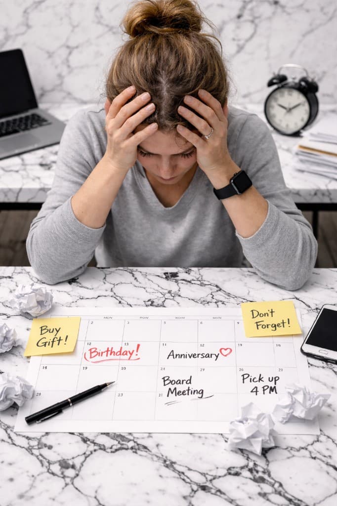 Woman overwhelmed at her desk with a crowded calendar, sticky notes, and reminders