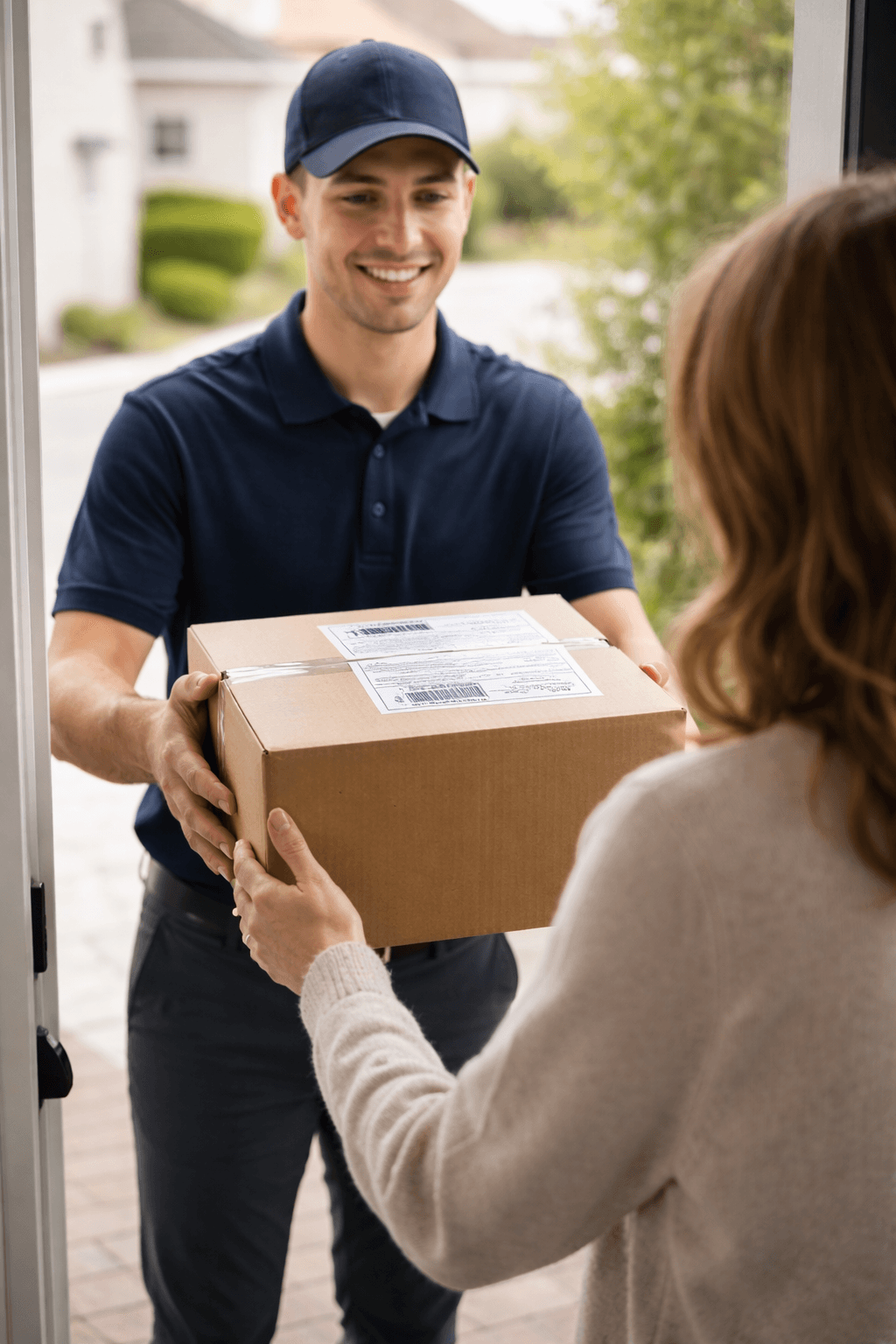Courier smiling as they hand a cardboard package to someone at their open front door