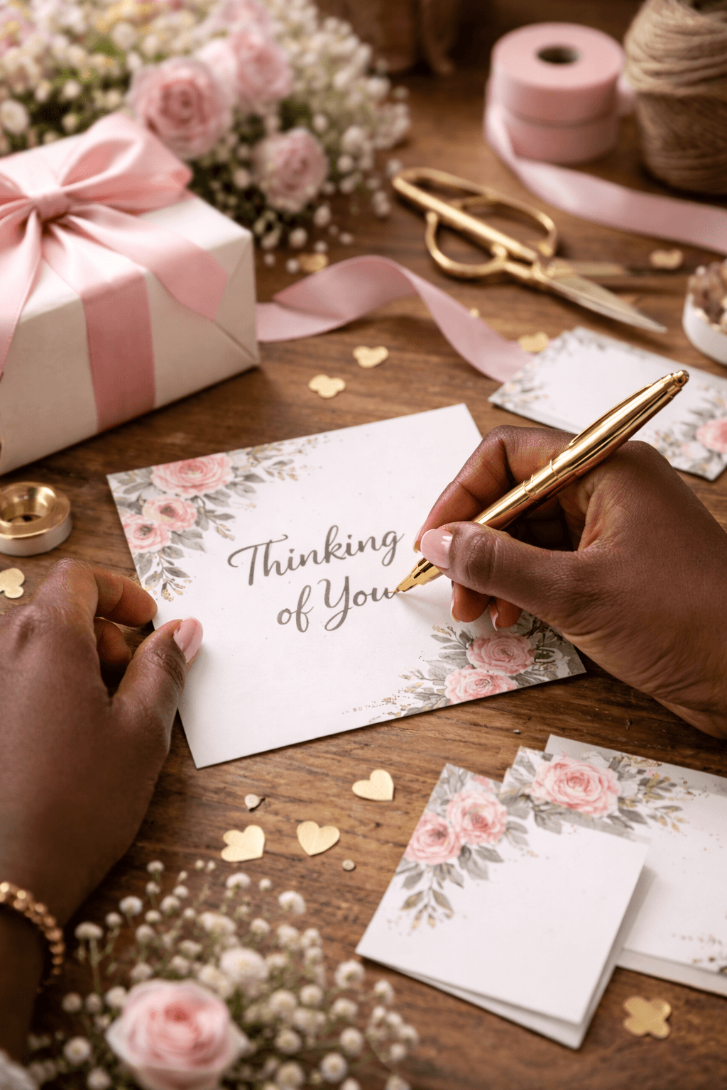 Hands writing a thoughtful note on a handmade card, with roses and gift-wrapping supplies on a wooden table